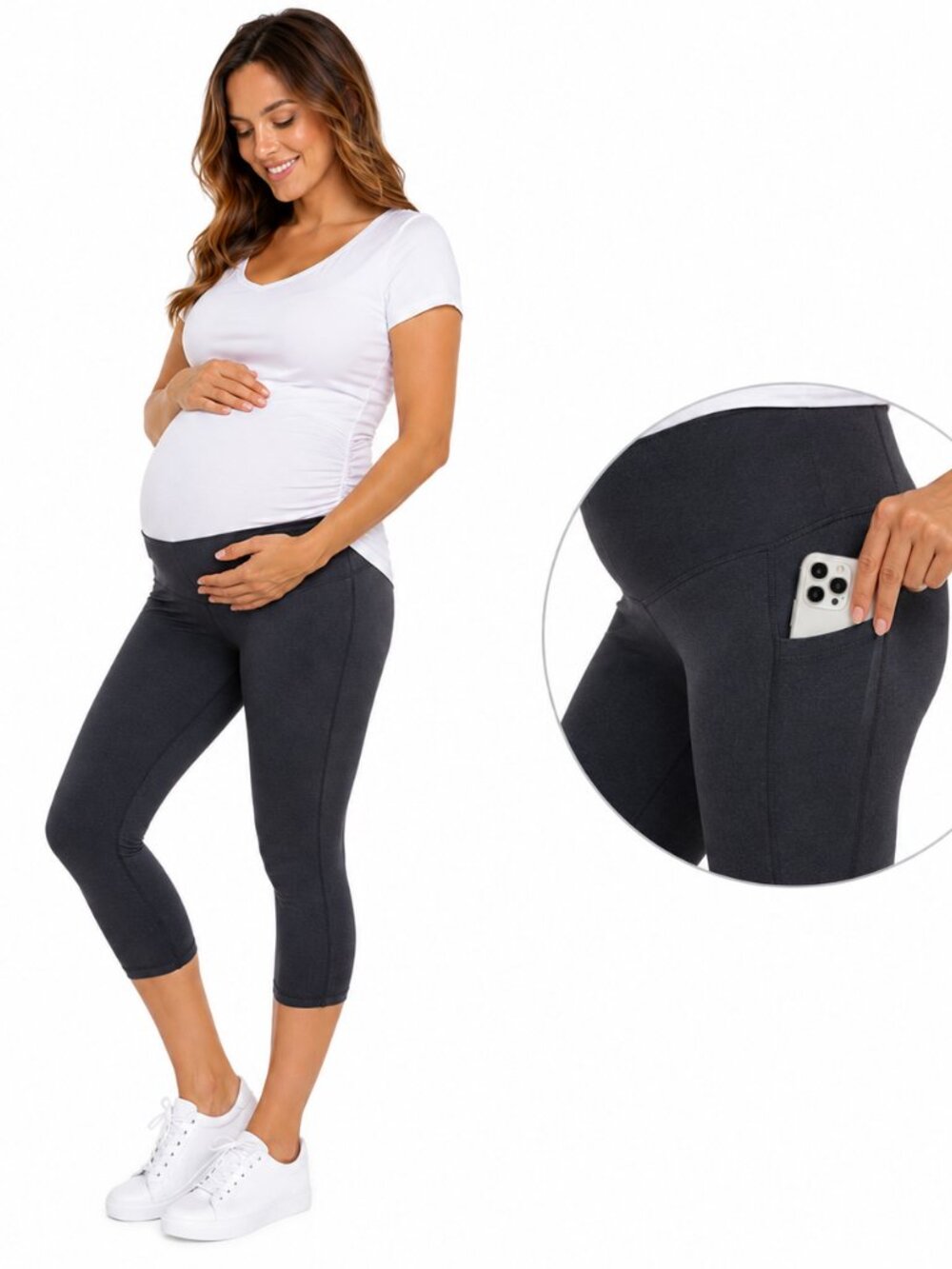 2/$30 BALEAF Maternity Capri Hi Waist Leggings Black Phone Pocket Pregnancy Sz M
